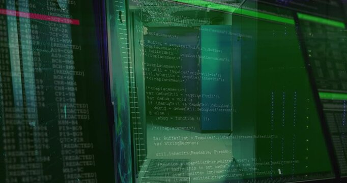 Green gridline initiating overlay on server rack corridor, code scrolling representing data flow