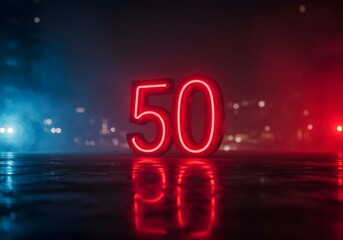 Neon Fifty: City Nightscape with Glowing Number