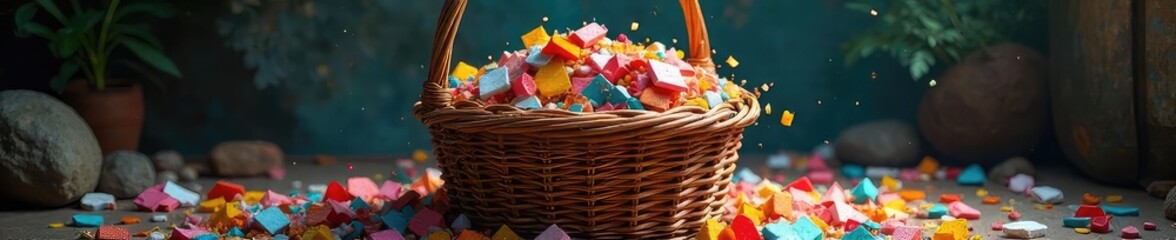 Overfilled wicker basket overflowing with colorful, varied lies; a visual metaphor for deception and untruths The tangled web of deceit is evident in the chaotic arrangement , wicker, mystery