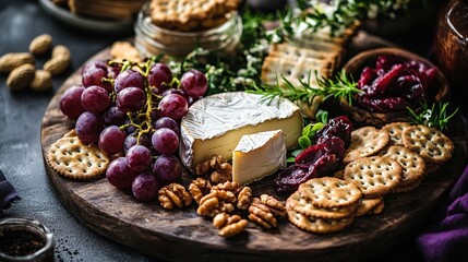 A rustic wooden board displays a gourmet cheese and cracker spread featuring camembert, red grapes, walnuts, crackers, and a sweet-tart preserve.  Herbs arrangement