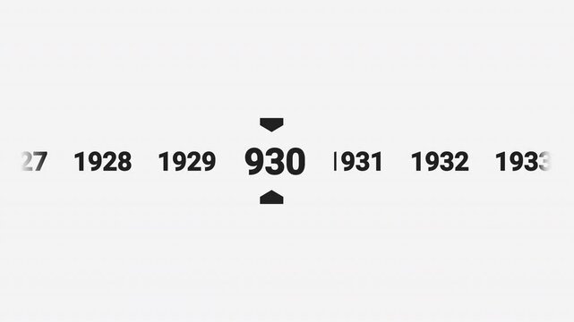 Horizontal timeline animation scrolling smoothly to the year 1929. Ideal for history documentaries, educational videos, or year-based content.