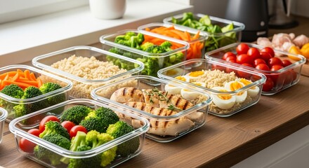 Healthy meal prep containers: organized balanced diet with fresh ingredients for the week