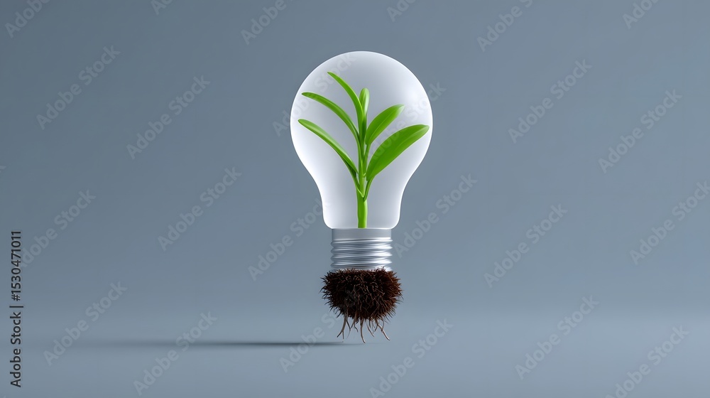 Poster a lightbulb with roots extending and a green plant sprouting from within, representing the growth of