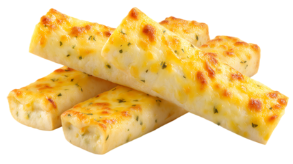 Delicious baked garlic breadsticks with melted cheese appetizing and fresh on transparent background