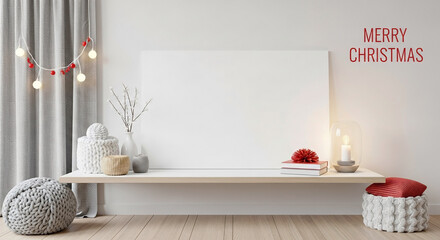 Blank canvas on a shelf, decorated for Christmas, in a modern interior.
