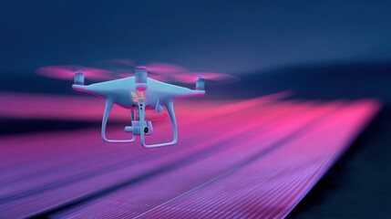 Closeup of a drones thermal camera displaying heat signatures while hovering over rows of solar panels with a backdrop of a dusky sky.