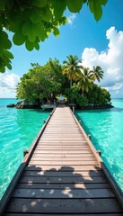 Serene island dock extending into calm turquoise water, surrounded by lush tropical foliage  Perfect for travel, vacation, and idyllic getaway themes ,  wood,  vacation,  summer