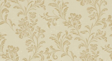 Elegant beige wallpaper with a repeating floral pattern.  Delicate, swirling leaves and blossoms create a subtle texture