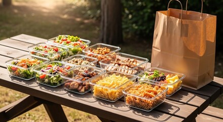 Healthy meal prep picnic: fresh salads, pasta and nutritious food containers outdoors