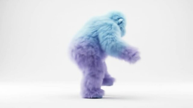 A fluffy, pastelcolored yeti ambles across a stark white background, its light blue and lavender fur creating a soft, dreamy contrast