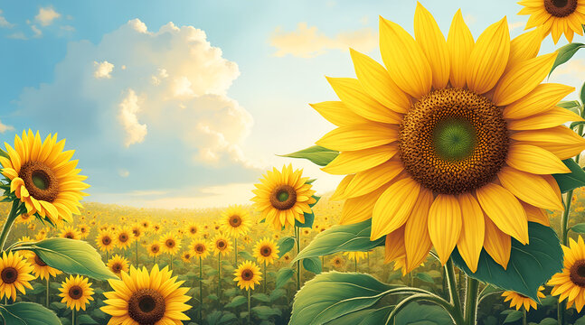 Hand-drawn illustration of sunflower field with bright yellow sunflowers swaying in gentle breeze, cheerful and uplifting atmosphere with copy space  