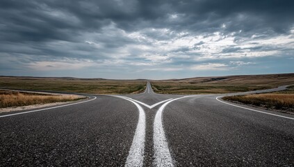 Two roads diverge in a vast, open landscape under a dramatic sky