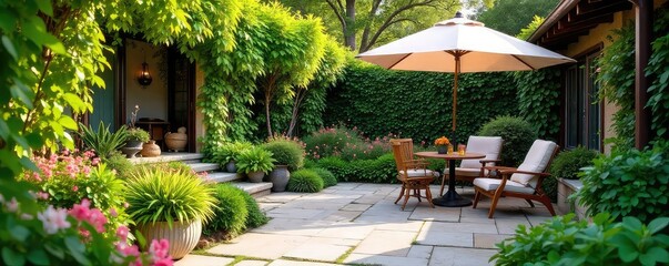 Obraz premium Serene patio garden oasis, overflowing with lush greenery and vibrant blooms Perfect for relaxation and outdoor entertaining Enjoy the tranquil atmosphere , blooming, outdoor living, sunlight