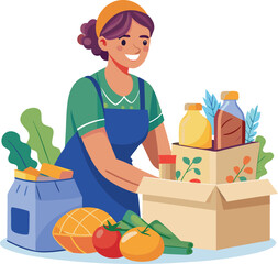 Smiling woman packing a donation box with fresh groceries and food, flat illustration