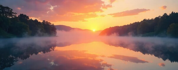 Serene sunrise over a tranquil lake, mist rising, conveying a sense of peaceful spirituality and ethereal beauty , golden hour, celestial