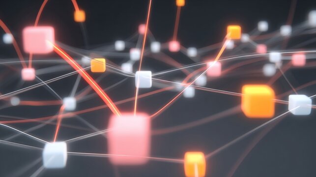 A network of diverse smart devices all communicating through transparent pathways while a central AGI core analyzes their interactions. The paths light up in response to successful