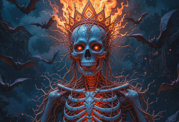 Spectral Skeleton with Geometric Fire Crown and Neon Vines, Multidimensional Bats — Halloween