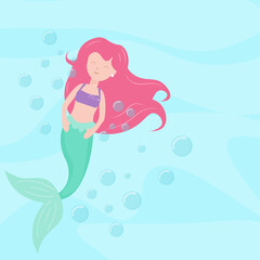 A cute mermaid with pink hair in an aquarium on a blue background.