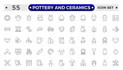 Pottery and Ceramics Outlin Icon. Clay Vessels, Vases, Jars, Traditional Craft, Ceramic Pots, Amphora, Decorative Elements, Vintage Vessels, Greek Jars, Clay Objects Decorative Jugs Vector Set.