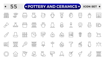 Pottery and Ceramics Outlin Icon. Clay Vessels, Vases, Jars, Traditional Craft, Ceramic Pots, Amphora, Decorative Elements, Vintage Vessels, Greek Jars, Clay Objects Decorative Jugs Vector Set.