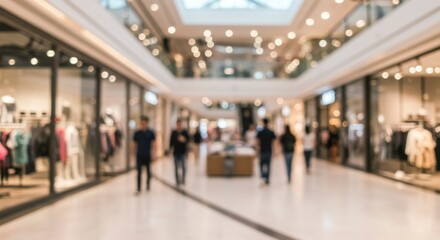 Blurred image of a modern shopping mall interior, showing shoppers strolling past various stores
