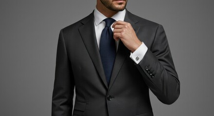 A man adjusts his dark suit and tie, showcasing a crisp, professional look.  The image focuses on his upper body
