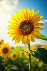 Obraz premium Vibrant sunflower basking in bright sunshine, petals unfurling towards the golden light A perfect summer image of nature's beauty and warmth , green, leaf