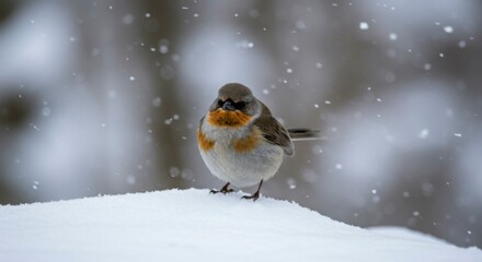 Small bird with grey head and reddish chest perched on snow. Snowfall around