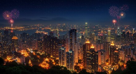 Fototapeta premium Night cityscape panorama with vibrant fireworks displays over illuminated skyscrapers and hills