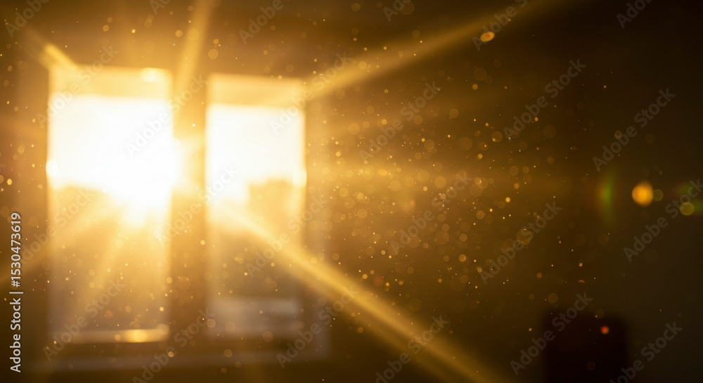 Poster sunlight streams through a window, illuminating dust motes dancing in the golden rays