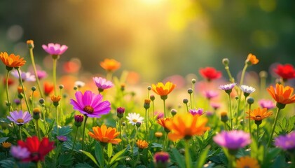Obraz premium Vibrant wildflowers basking in the golden sunlight, a breathtaking display of nature's beauty Perfect for illustrating themes of summer, growth, and the natural world , bright, sunlight