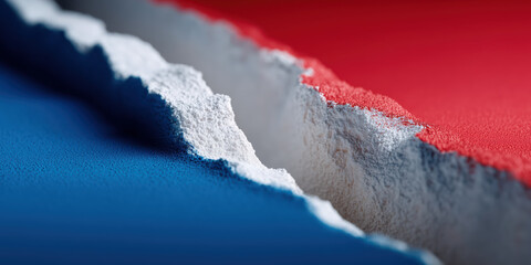 Red and blue textured surfaces divided by jagged white border dispute, symbolizing conflict or separation, dramatic and abstract