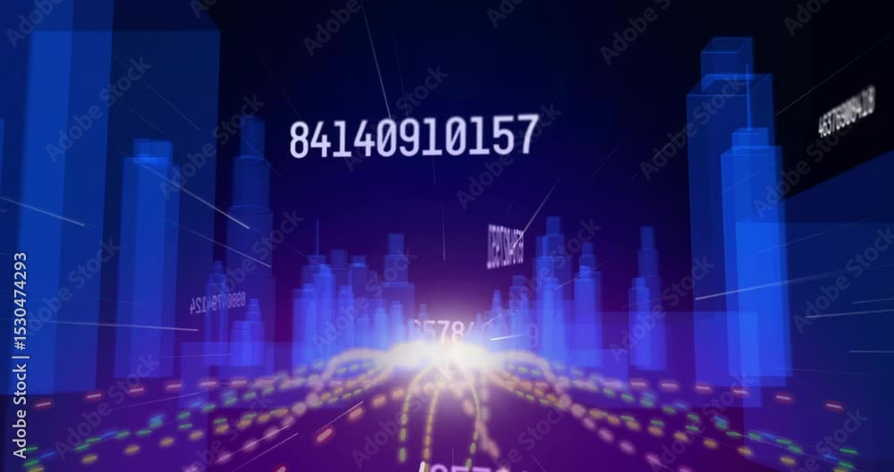 Poster camera drifting forward on purple grid showing codes updating alongside graphs for tech insights