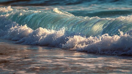 Close up view of a wave crashing on the shore with foam and water details on a bright sunny day