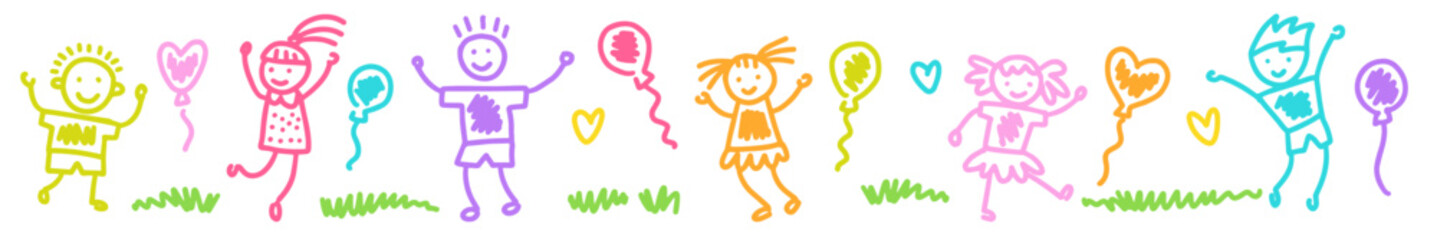 Funny kids with balloons hand drawn in doodle style