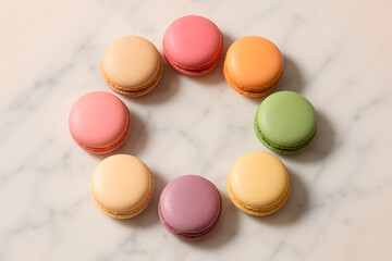 Obraz premium A Colorful Arrangement of Macarons on a Marble Surface, Sweet and Elegant French Pastry with Perfect Presentation