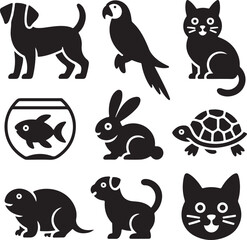 Cute Pet Silhouette Vector Bundle – 10 Black Isolated Icons – Dog, Cat, Parrot, Rabbit, Hamster, Goldfish, Turtle, Guinea Pig, Paw, Cat Face