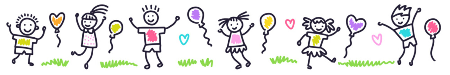 Funny kids with balloons hand drawn in doodle style