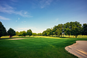 Wide-angle view of a golf green with flagstick, trees, and bunker under a vibrant blue sky. Perfect...