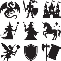 Fantasy & Medieval Silhouette Vector Bundle – 10 Black Icons – Dragon, Knight, Castle, Wizard, Unicorn, Fairy, Axe, Shield & Scroll