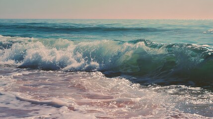 A wave crashing on the shore with blue water and a light sky on a bright sunny day at the beach