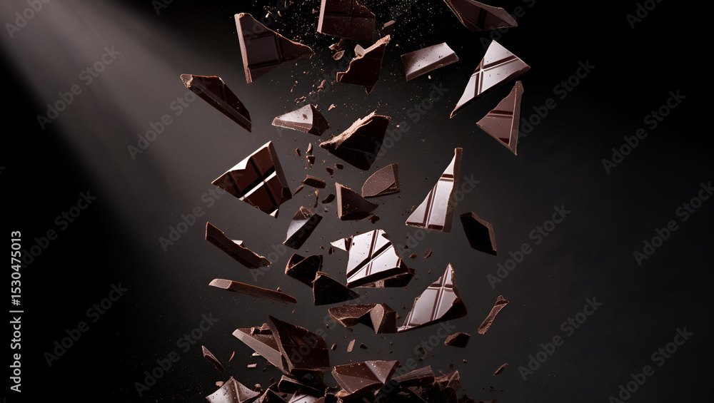 Poster falling pieces of dark chocolate captured in motion isolated on a deep dark background sharp focus w