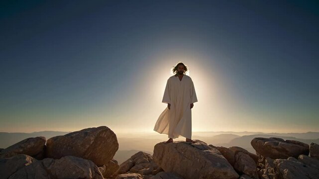 Jesus christ standing on mountain top at sunrise