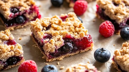Close-up of several golden-brown baked squares, topped with a crumble and filled with a berry mixture of blueberries and raspberries. The squares are 
