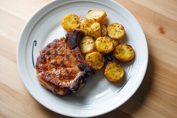 Seared pork chop with roasted potatoes