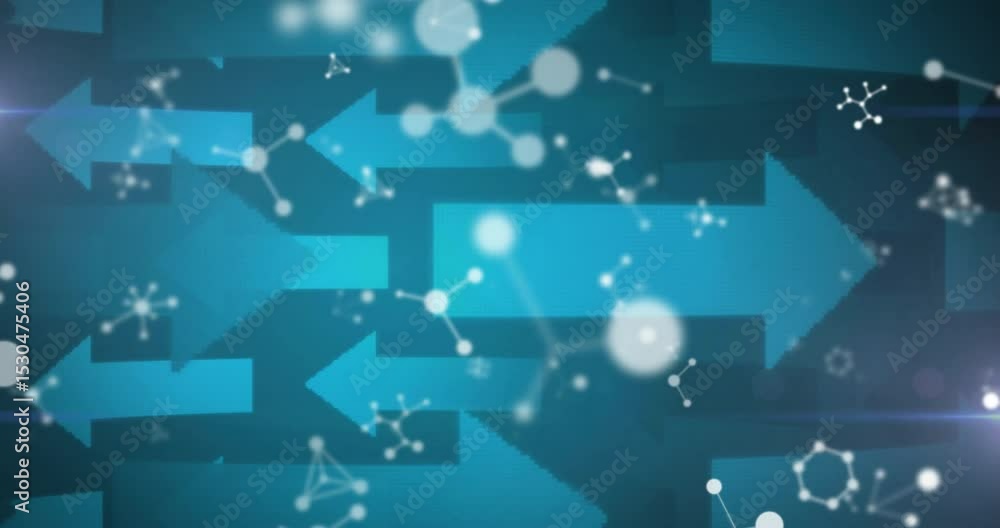 Poster upon start, light-blue arrows shifting and glowing nodes clustering to illustrate abstract motion