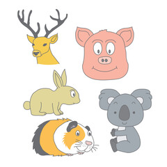 Cute Cartoon Vector Set of Forest and Farm Animals – Rabbit, Guinea Pig, Pig, Deer, and Koala Character Illustrations for Kids, Mascot, or Educational Design