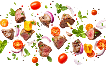 Flying lamb kebab ingredients with herbs and spices, isolated on transparent background.