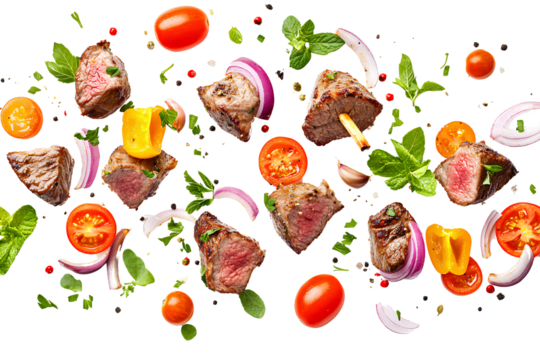 Flying lamb kebab ingredients with herbs and spices, isolated on transparent background.