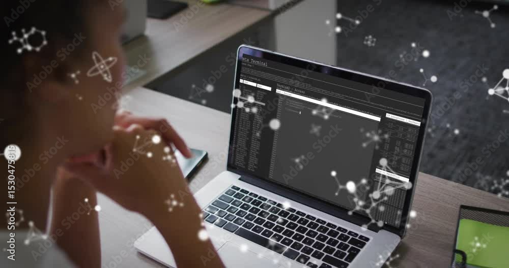 Poster woman gazing at laptop analyzing code, initiating network graphics showing data flow over desk